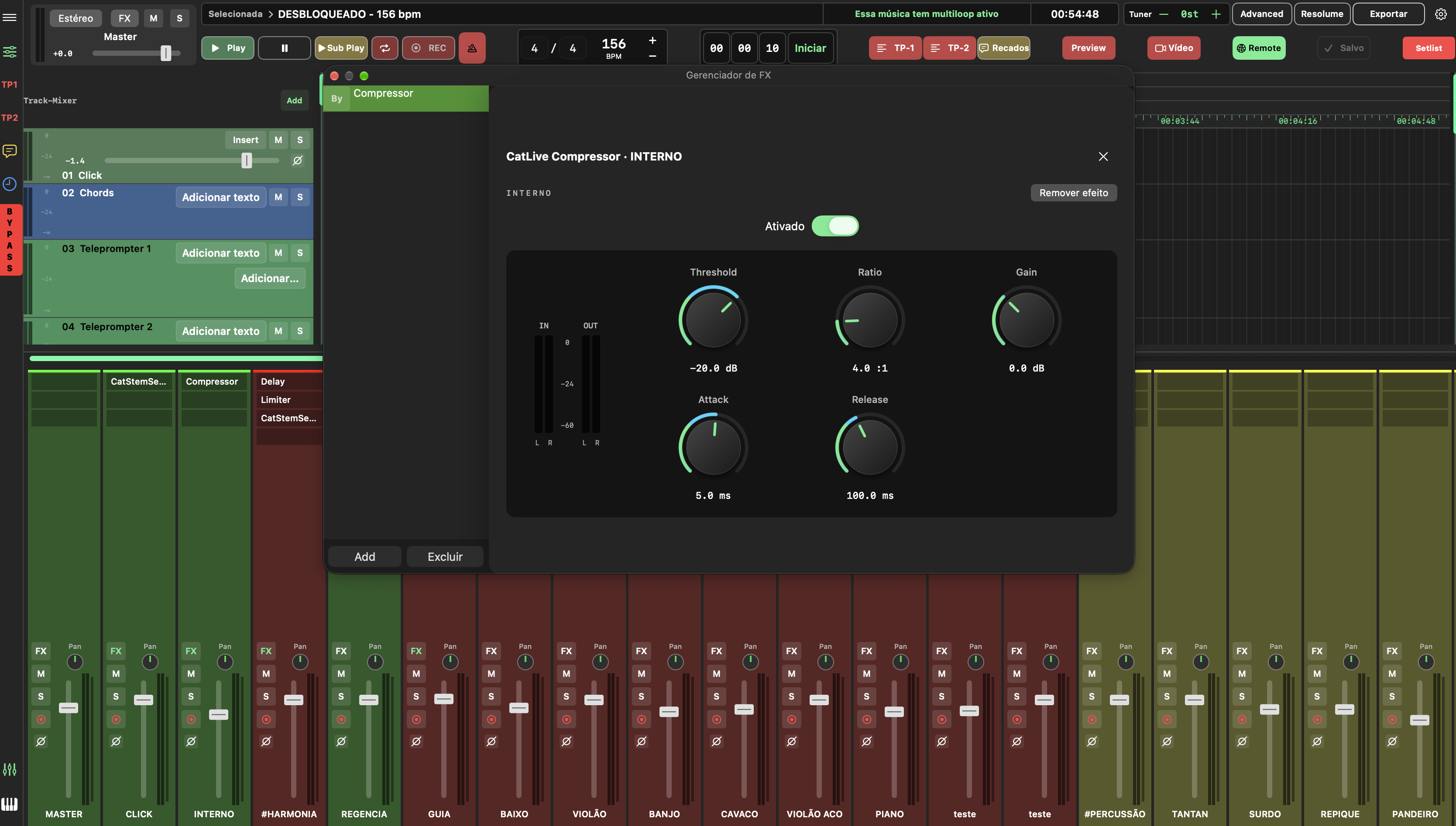CatLive Compressor com controles de threshold, ratio, gain, attack e release