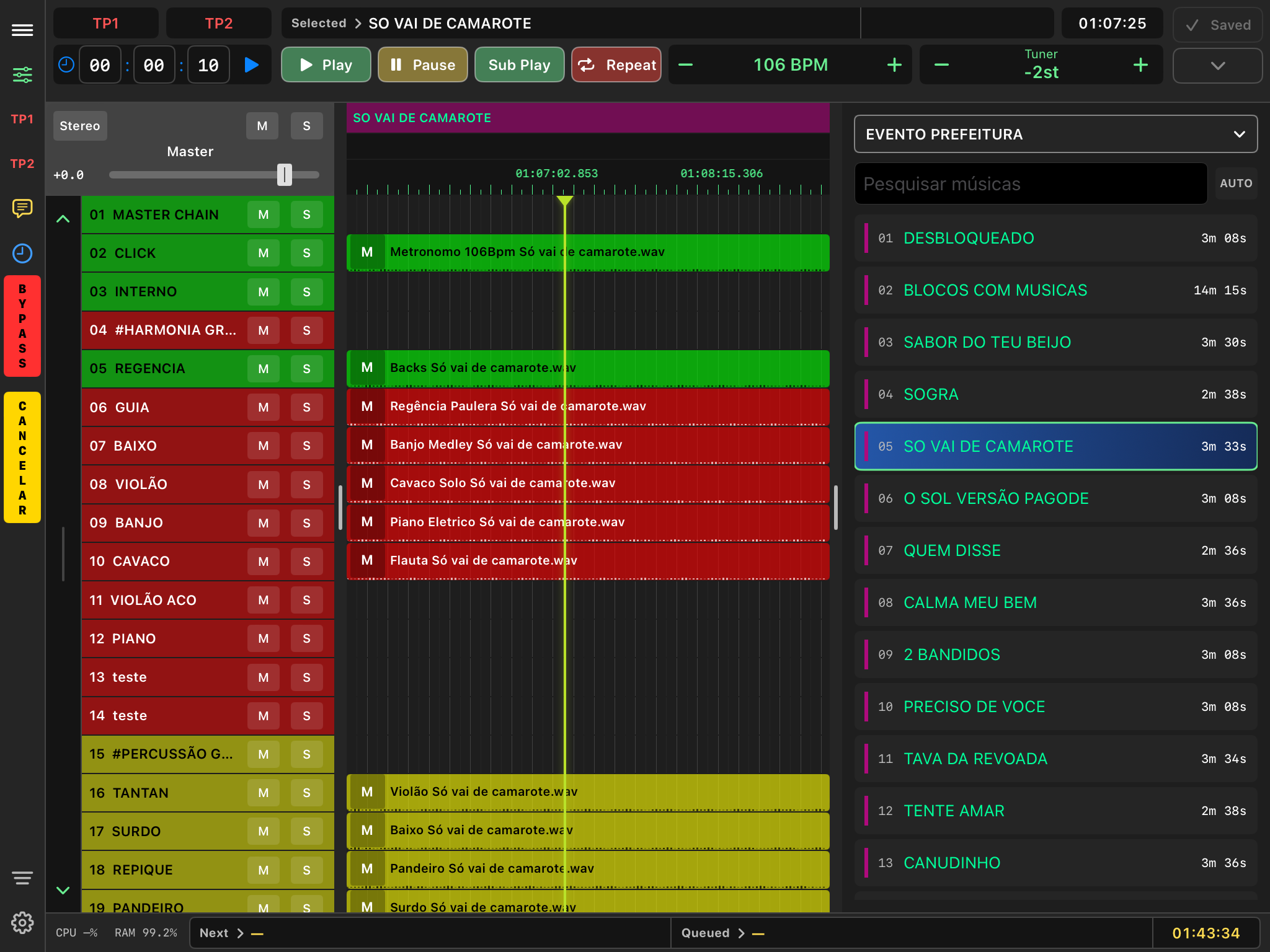 CatLive Remote no iPad com mixer, timeline e repertório sincronizados