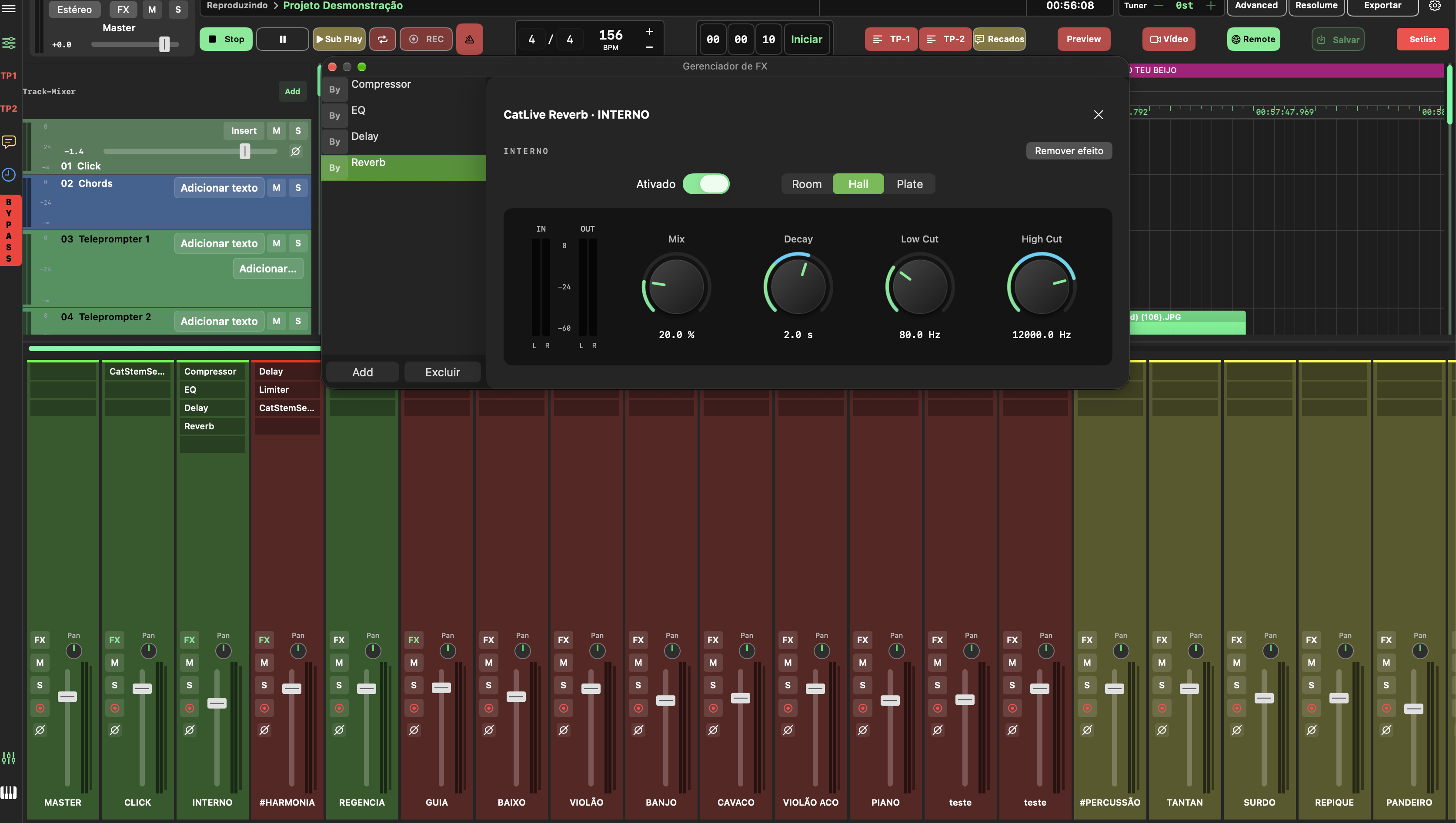 CatLive Reverb com modos Room, Hall e Plate e controles de mix, decay e cortes de frequência